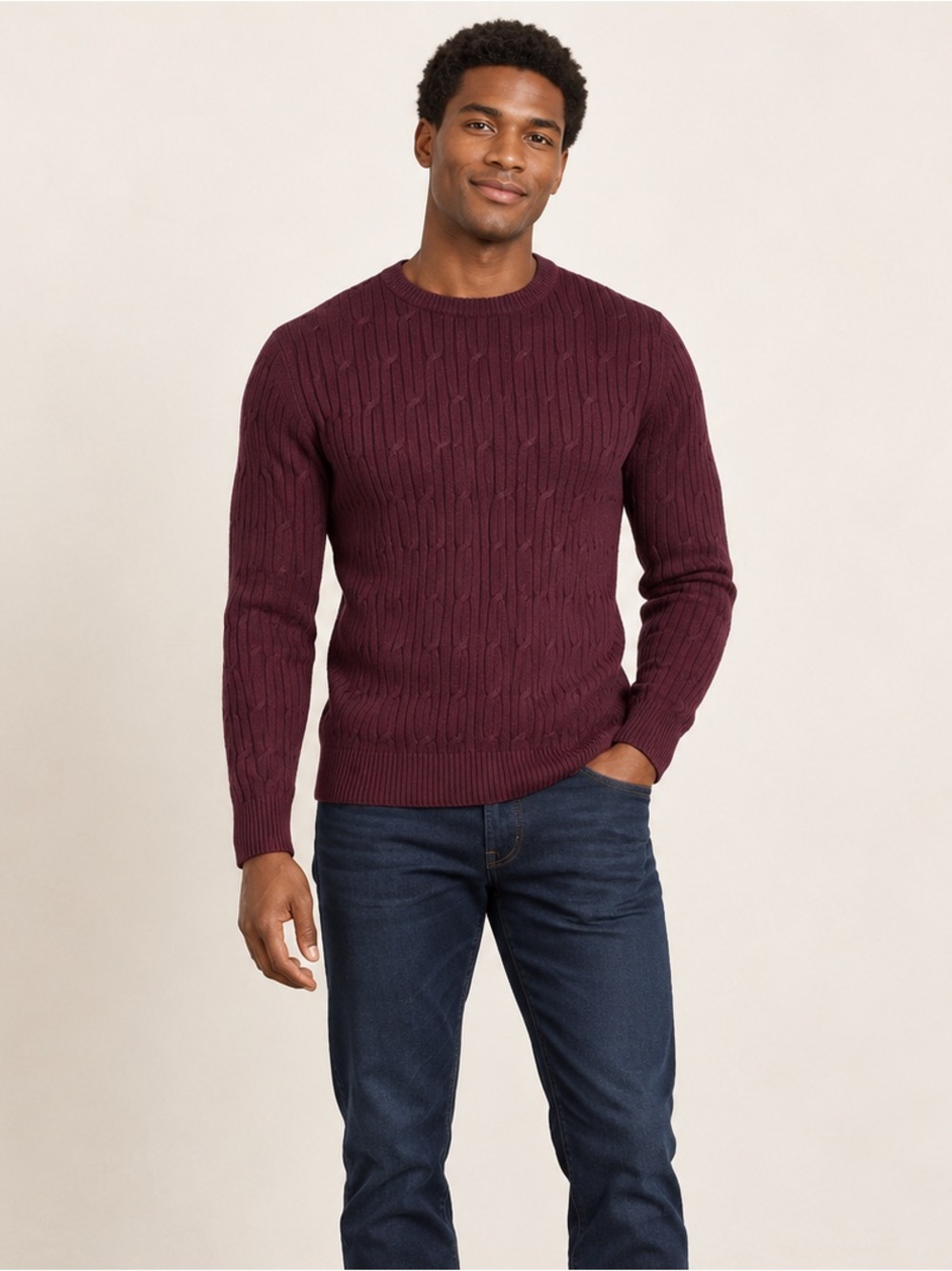 EXPRESS Cable Knit Crew Neck Cotton Sweater in Burgundy